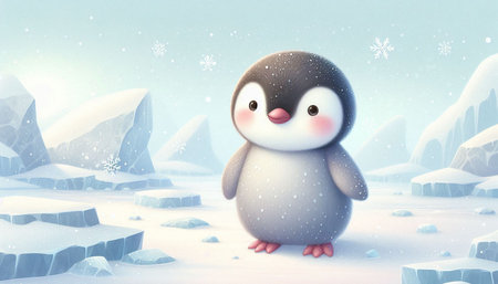 Cute penguin in winter landscape. 3d render illustration.の写真素材