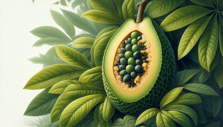 Avocado fruit on a green leaves background. 3d illustration.