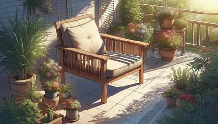 Wooden chair on the terrace in the garden. 3d rendering