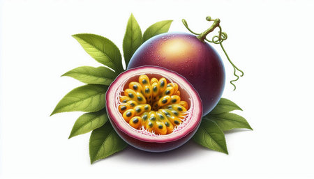 Passion fruit with leaves isolated on white background. 3d illustration