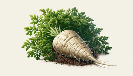 Fresh parsley root with green leaves on white background. 3d illustration