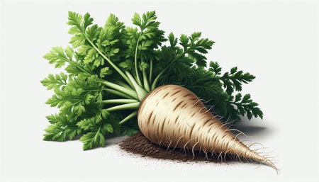 Fresh parsley root with green leaves isolated on white background. Vector illustration.
