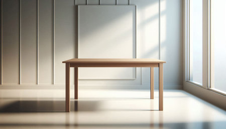 Wooden table in empty room with white wall and sunlight. 3D Rendering