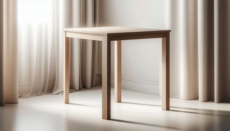 3d rendering of a wooden table in front of a white wall