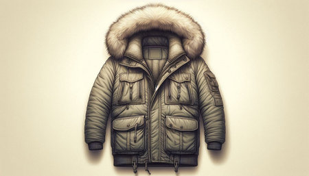 Winter jacket with fur on a beige background. 3d rendering