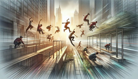 Business people running in the city. Mixed media. 3D rendering