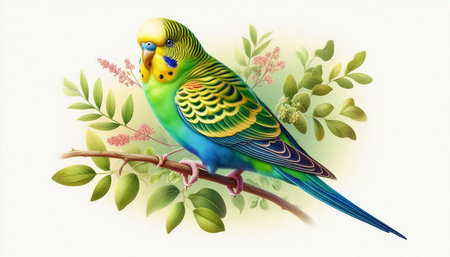 Budgerigar parrot on a branch with green leaves