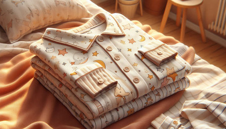 Children's clothes on the bed. Cozy home interior. Children's clothing.