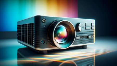 Digital composite of Video projector against colourful background. 3D rendering.