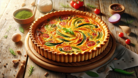 Tart with zucchini, tomatoes and cheese on wooden background