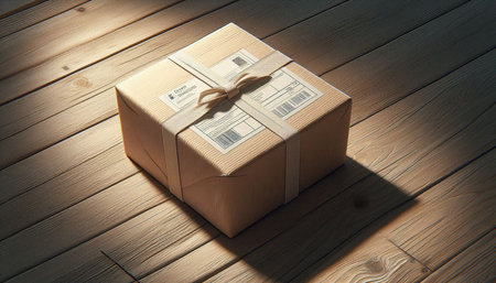 Cardboard box with a gift on a wooden background. Vintage style.