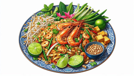 Thai food Pad thai, Stir fry noodles with prawns, shrimp, bean sprouts, cucumber, green onion, soy...