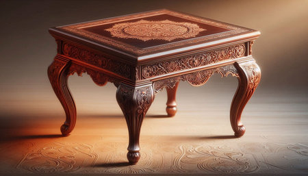 Antique wooden table with oriental pattern. 3d illustration.