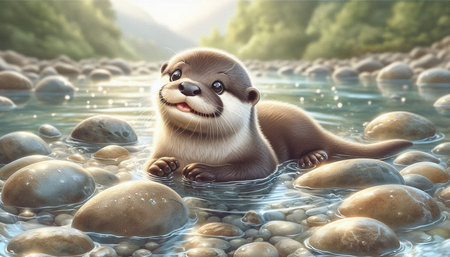 Otter swimming in the river. 3d render illustration.の写真素材