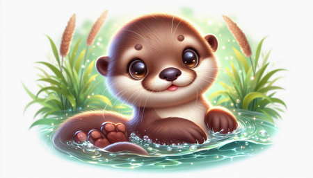 funny cartoon otter sitting in the water and looking at the cameraの写真素材