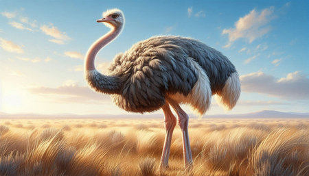 Ostrich in a field at sunset. 3D illustration.