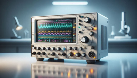 Digital image of an oscilloscope in the laboratory. 3d rendering