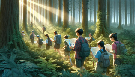 Group of tourists walking in the forest. 3d render illustration.