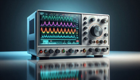 Digital illustration of an oscilloscope in blue background. 3d renderingの写真素材