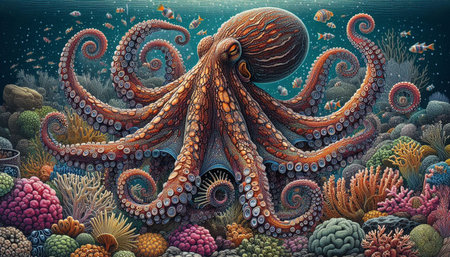 Octopus and corals in the sea. 3D illustration.の写真素材