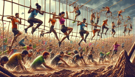 Sport and healthy lifestyle concept as a group of people running together through a rope obstacle...