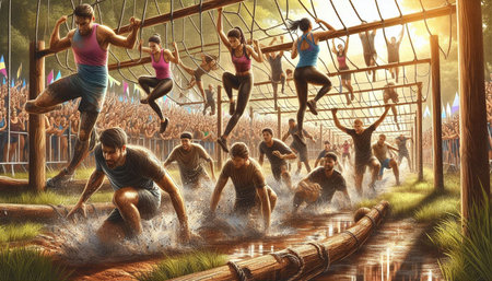 Group of people doing an obstacle course in a park. Mixed media