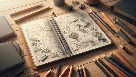 Top view of an open notebook on a wooden table with a lot of stationery.
