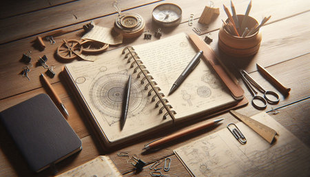 Old map, compass, notebook, pencils, stationery on a wooden background