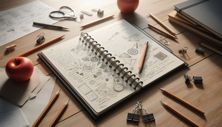 Notebook with sketches and pencils on wooden table, closeup