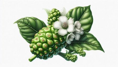 Illustration of Morinda citrifolia with leaves and flowers