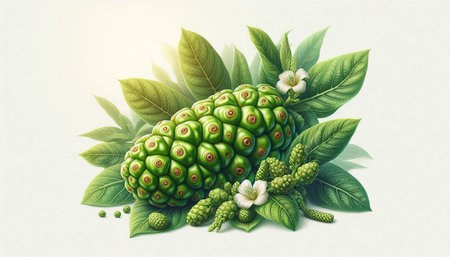 Noni fruit with green leaves and flower on the white background.