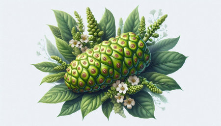 Green pine cone with green leaves and white flowers on white background.