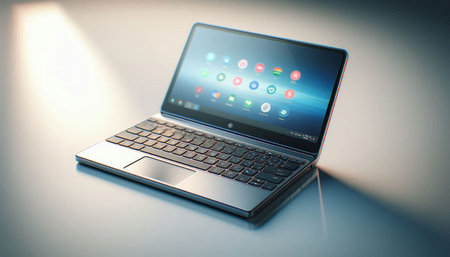 Laptop with apps icons on the screen. 3d rendering.