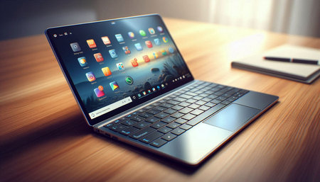 Laptop on the table with notebook and pen. 3d rendering