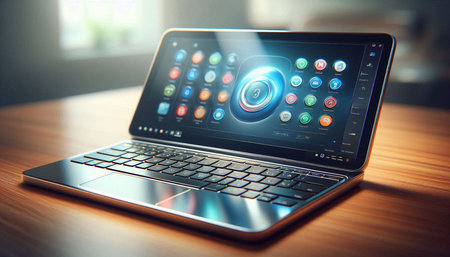 Laptop with media icons on screen. Technology concept. 3D Rendering