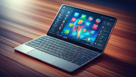 Laptop computer with application icons on screen. 3d rendering.