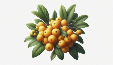 Bunch of ripe orange sea buckthorn berries with green leaves on white background