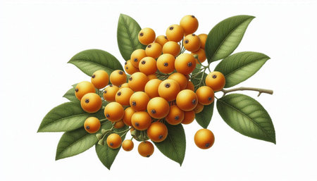 Branch with yellow ripe berries and green leaves on a white background
