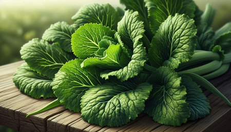 Fresh green pak choi cabbage on wooden table, closeup