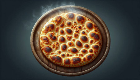 Pizza on round wooden board with smoke on dark background. 3d rendering