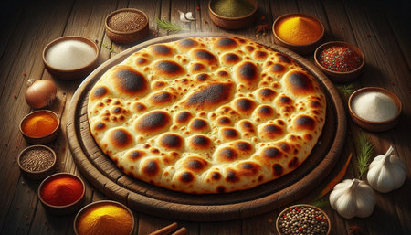 Pizza with spices on a wooden background. View from above.