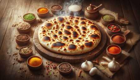 Pizza and spices on wooden background. Food and cuisine ingredients.