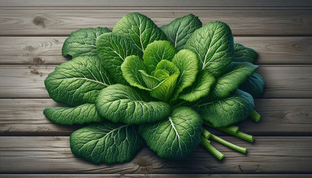 Green chinese cabbage on wooden background. Healthy food concept. Top view.