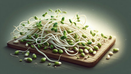Sprouts of mung beans on a wooden board. Healthy food.