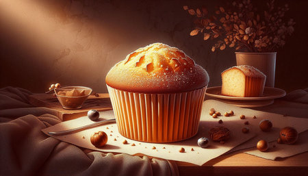 Cupcake with pumpkin seeds on wooden table.