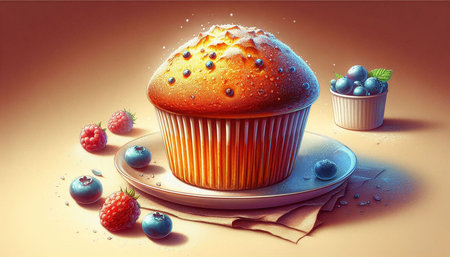 Cupcake with blueberries and raspberries on a plate.