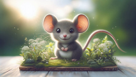 Cute little mouse on a green grass background. 3d rendering