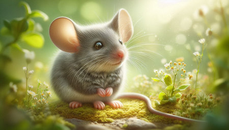 Cute little mouse in the meadow with flowers and green grass