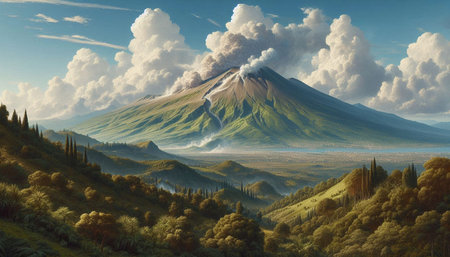 Beautiful landscape with volcano in the clouds. 3D illustration.