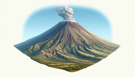 Volcano in the form of a hole with smoke coming out of it